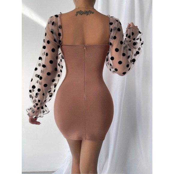 Sweetheart Neck Flounce Sleeve Bodycon Dress sheer long sleeve black butterfly - Picture 9 of 11